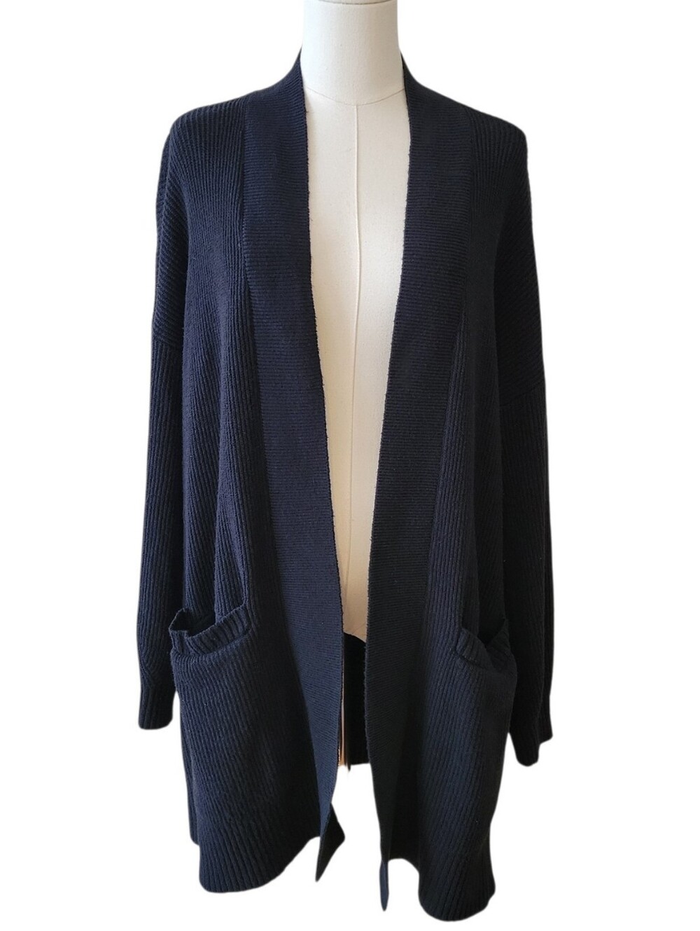 LOFT Black Ribbed Long Open Cardigan Sweater Size Large